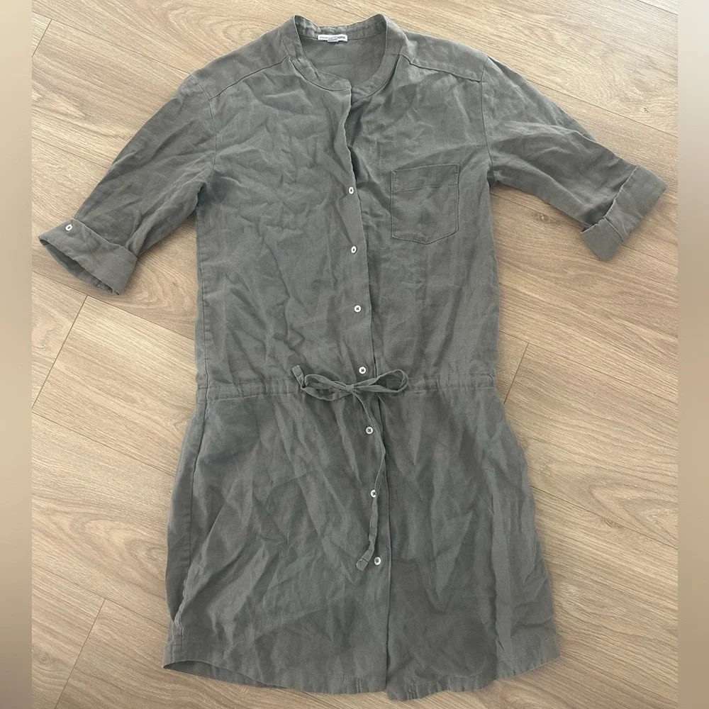James Perse Linen Button-Front Tie-Waist Shirt Dress in Olive Green - Picture 1 of 3